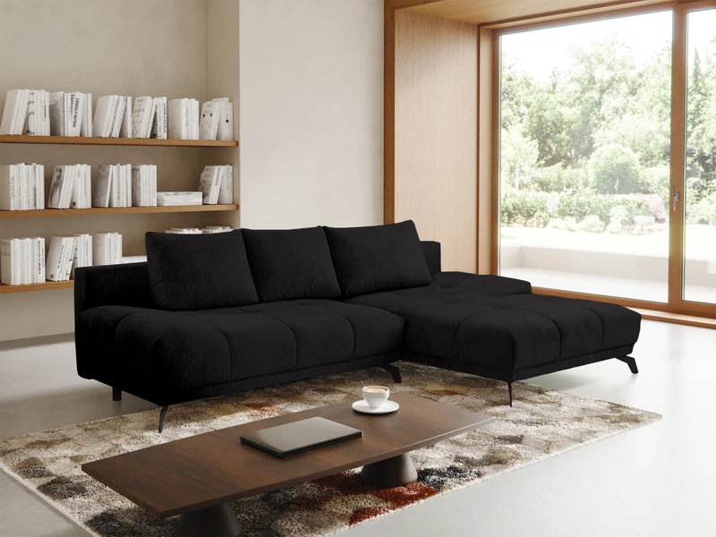 Ecksofa mit Schlaffunktion Felipe, L-förmig, rechtsseitig, mit Stauraum, schwarzer hydrophober Chenille-Bezug