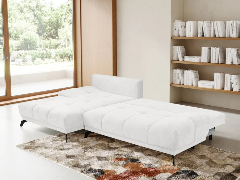Ecksofa mit Schlaffunktion Felipe, L-förmig, linksseitig, mit Stauraum, weißer hydrophober Chenille-Bezug