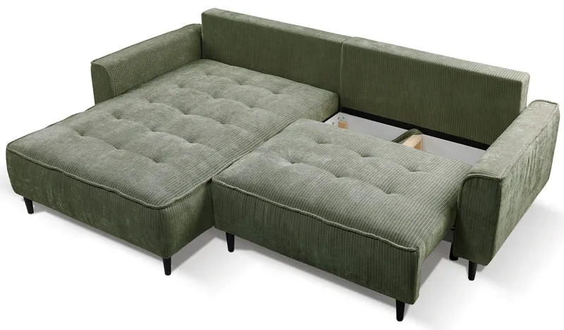 Ecksofa mit Schlaffunktion Blues, L-förmig, linksseitig, mit Stauraum, Salbeigrüner Cordstoff
