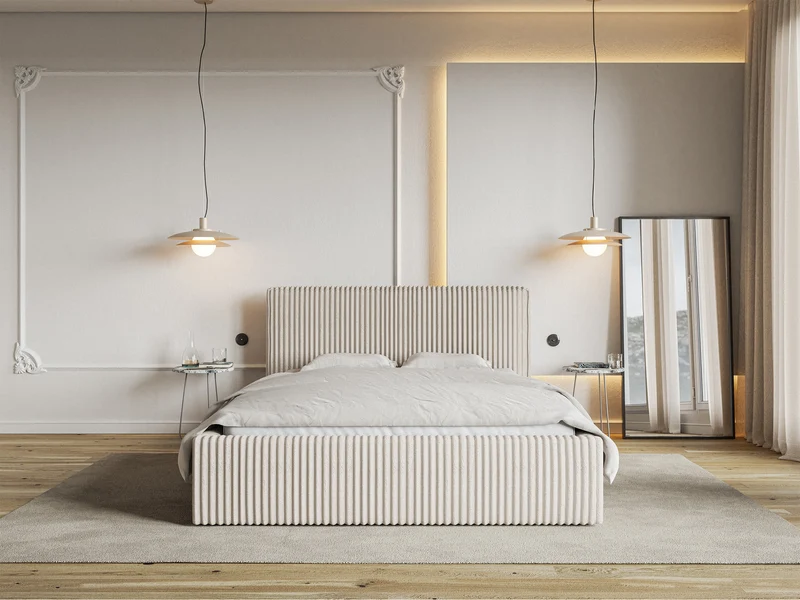 Polsterbett 180x200 cm Tilio mit Stauraum, Metallrahmen, cremefarben, dicker Cordstoff