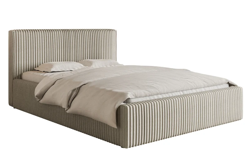 Polsterbett 160x200 cm Tilio mit Stauraum, Metallrahmen, hellbeige, dicker Cordstoff