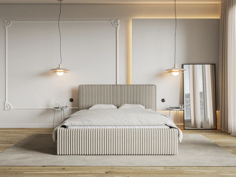 Polsterbett 160x200 cm Tilio mit Stauraum, Metallrahmen, hellbeige, dicker Cordstoff