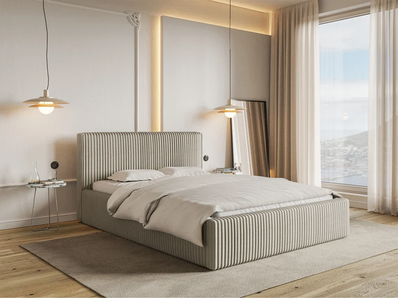 Polsterbett 160x200 cm Tilio mit Stauraum, Metallrahmen, hellbeige, dicker Cordstoff