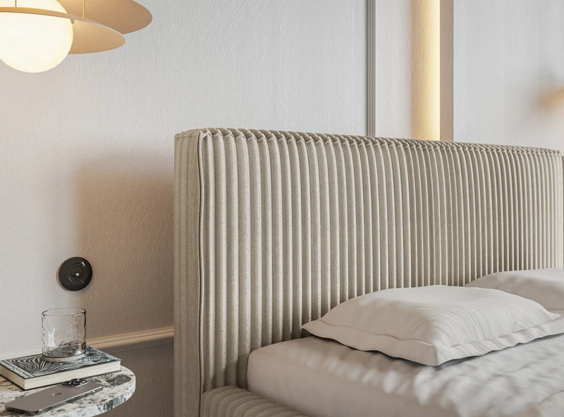 Polsterbett 160x200 cm Tilio mit Stauraum, Metallrahmen, hellbeige, dicker Cordstoff