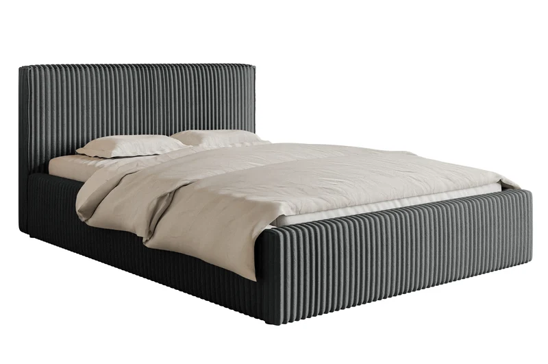 Polsterbett 140x200 cm Tilio mit Stauraum, Metallrahmen, grau, dicker Cordstoff
