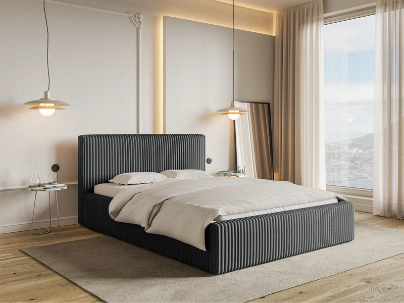 Polsterbett 140x200 cm Tilio mit Stauraum, Metallrahmen, grau, dicker Cordstoff