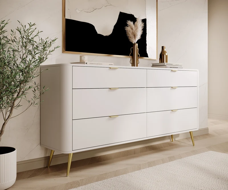 Oval-Kommode mit sechs Schubladen, 173 cm, Weiß