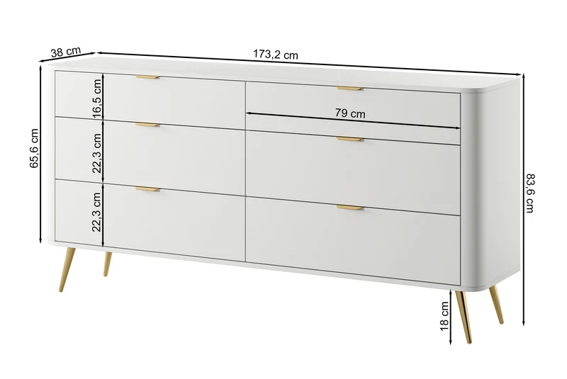 Oval-Kommode mit sechs Schubladen, 173 cm, Weiß