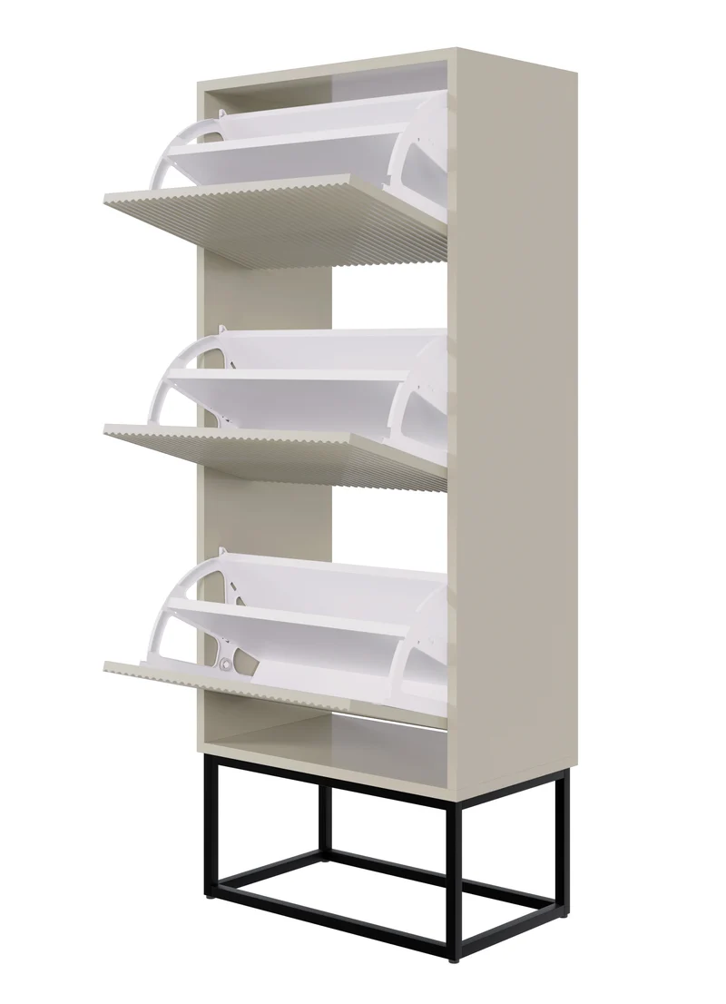 Schuhschrank Veldio mit gefräster Front und drei Fächern, 50 cm, grau-beige mit schwarzen Beinen