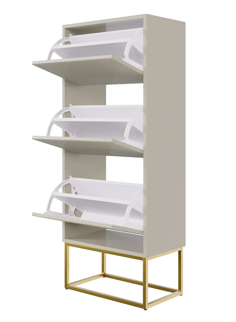 Schuhschrank Veldio mit gefräster Front und drei Fächern, 50 cm, Weiß mit goldenen Beinen