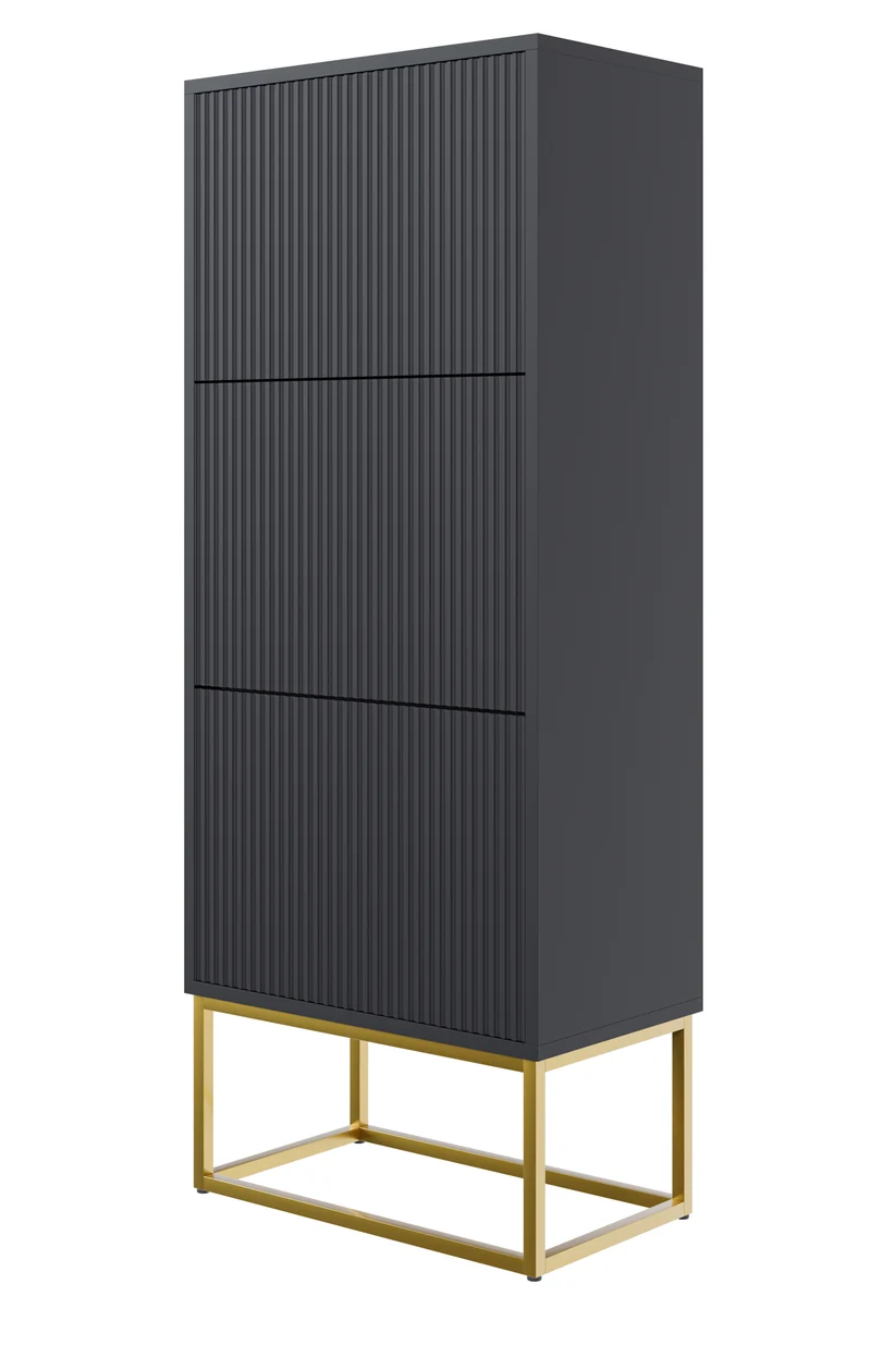 Schuhschrank Veldio mit gefräster Front und drei Fächern, 50 cm, Schwarz mit goldenen Beinen