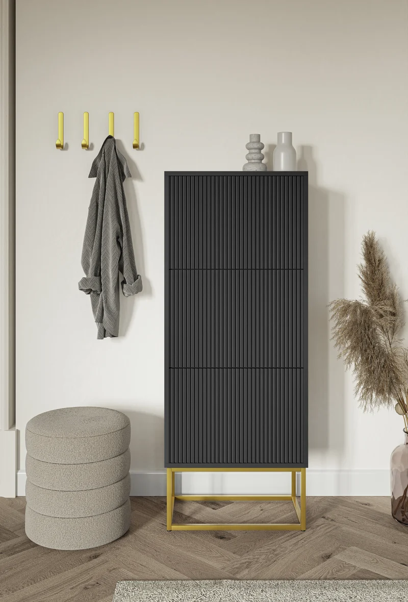 Schuhschrank Veldio mit gefräster Front und drei Fächern, 50 cm, Schwarz mit goldenen Beinen