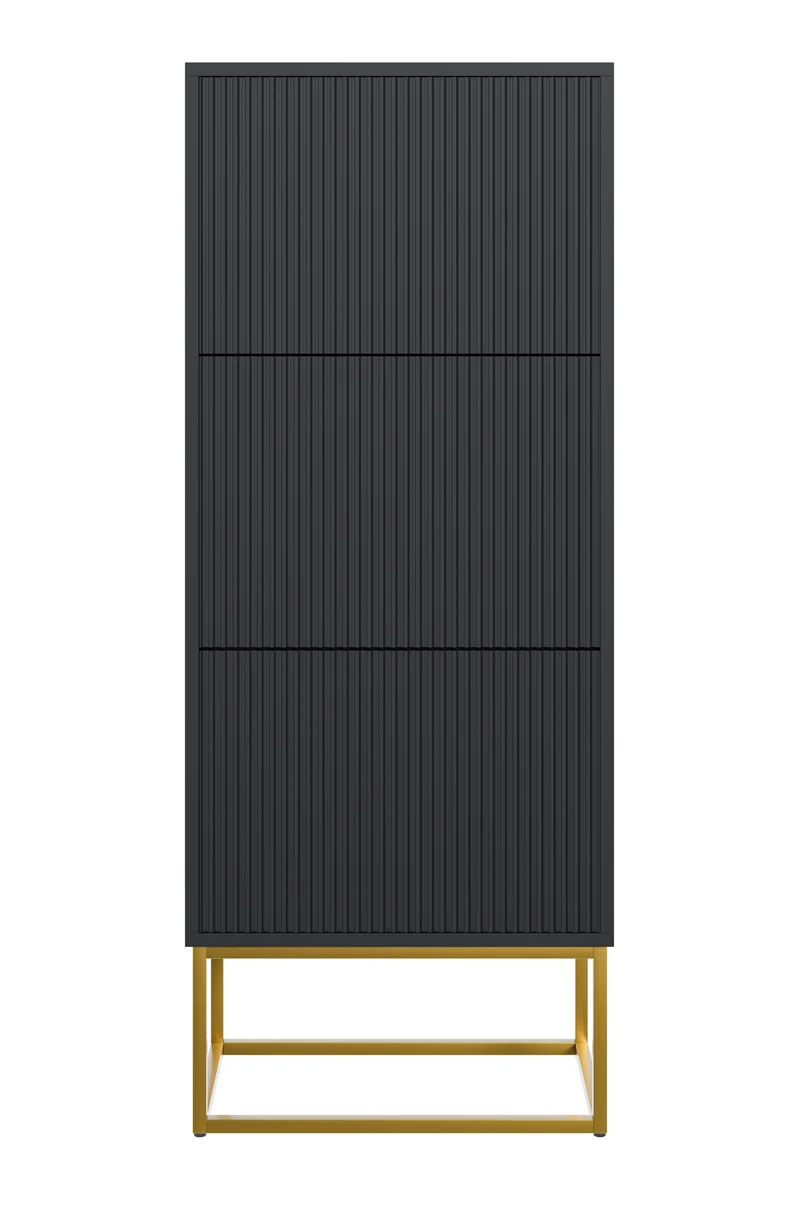 Schuhschrank Veldio mit gefräster Front und drei Fächern, 50 cm, Schwarz mit goldenen Beinen