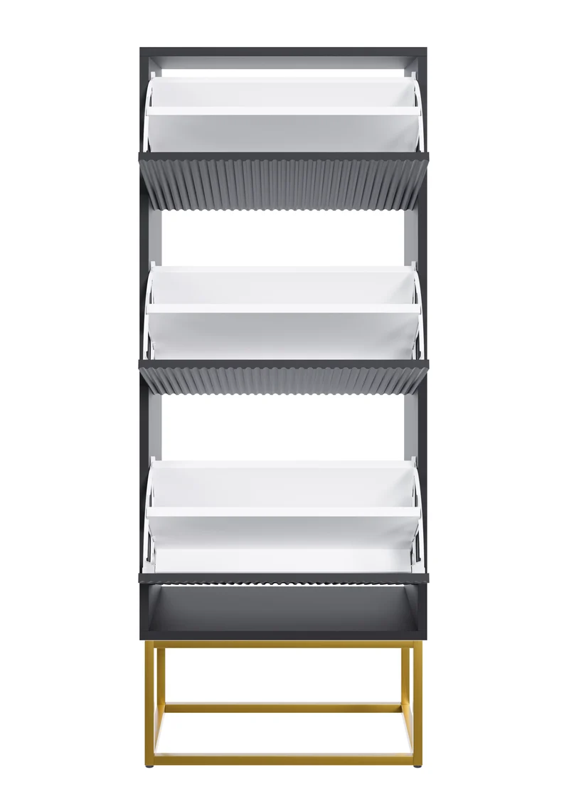 Schuhschrank Veldio mit gefräster Front und drei Fächern, 50 cm, Schwarz mit goldenen Beinen