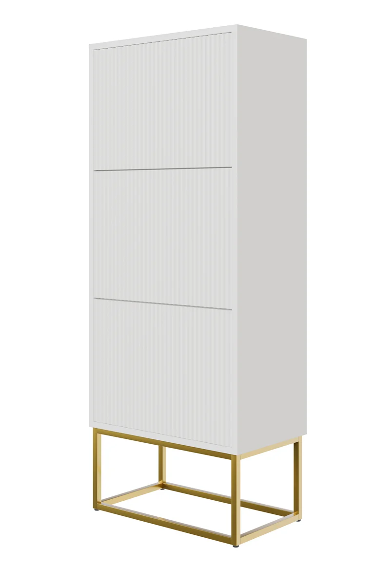 Schuhschrank Veldio mit gefräster Front und drei Fächern, 50 cm, Weiß mit goldenen Beinen
