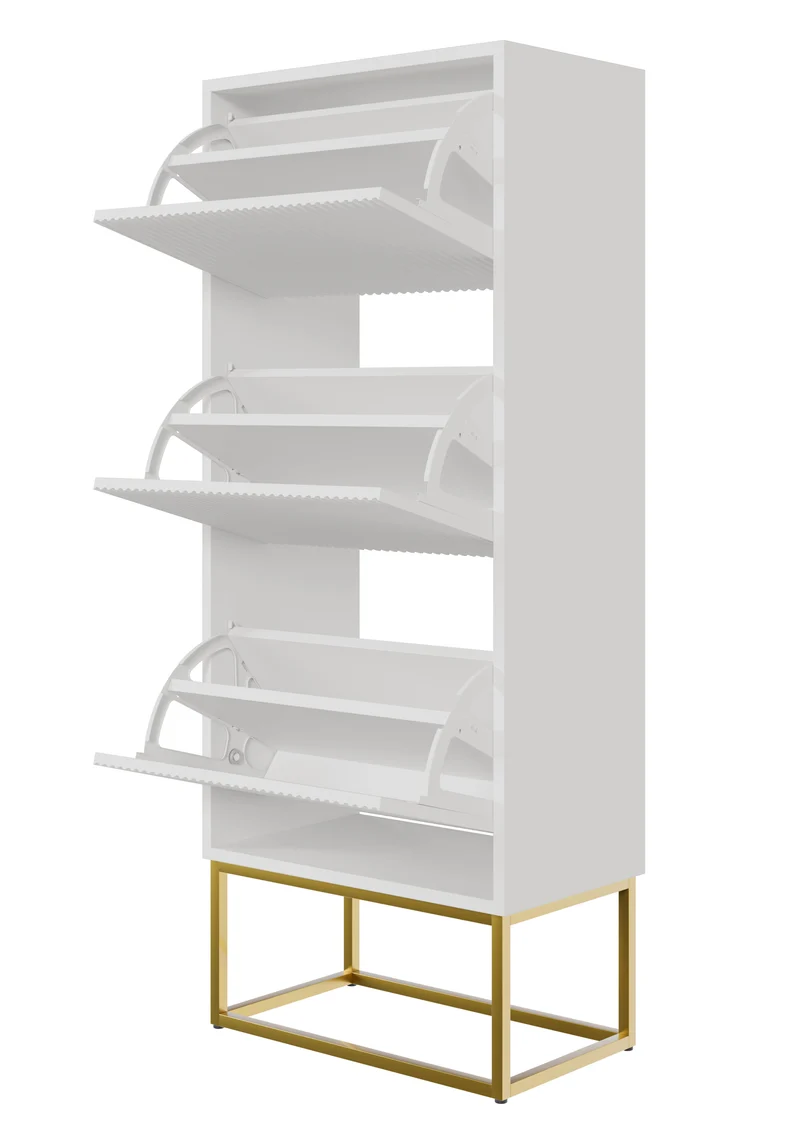 Schuhschrank Veldio mit gefräster Front und drei Fächern, 50 cm, Weiß mit goldenen Beinen