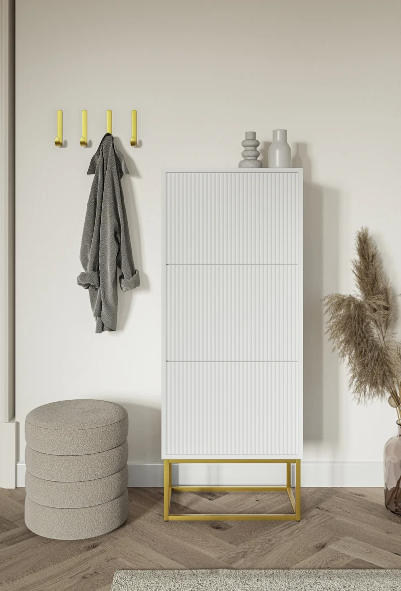 Schuhschrank Veldio mit gefräster Front und drei Fächern, 50 cm, Weiß mit goldenen Beinen
