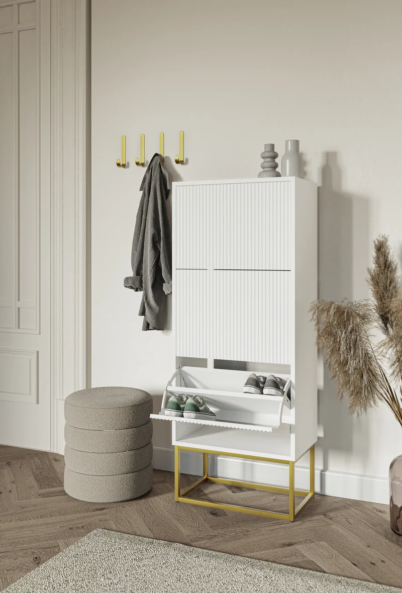 Schuhschrank Veldio mit gefräster Front und drei Fächern, 50 cm, Weiß mit goldenen Beinen