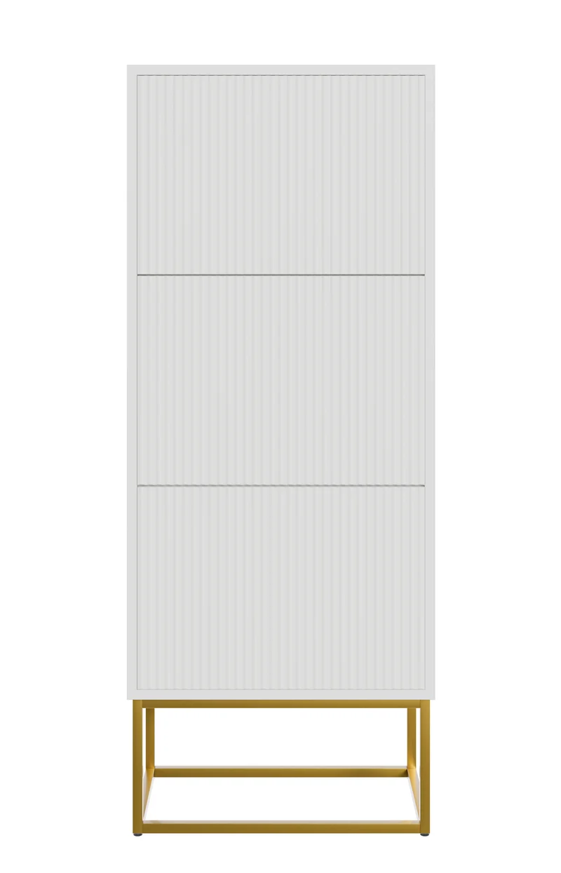 Schuhschrank Veldio mit gefräster Front und drei Fächern, 50 cm, Weiß mit goldenen Beinen