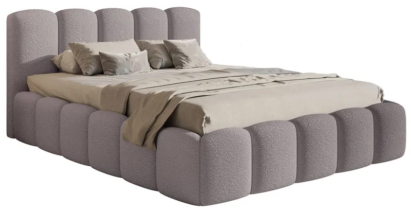 Gepolstertes Bett 160x200 cm Cloudy II mit Stauraum, graubraunes Bouclé, Metallrahmen