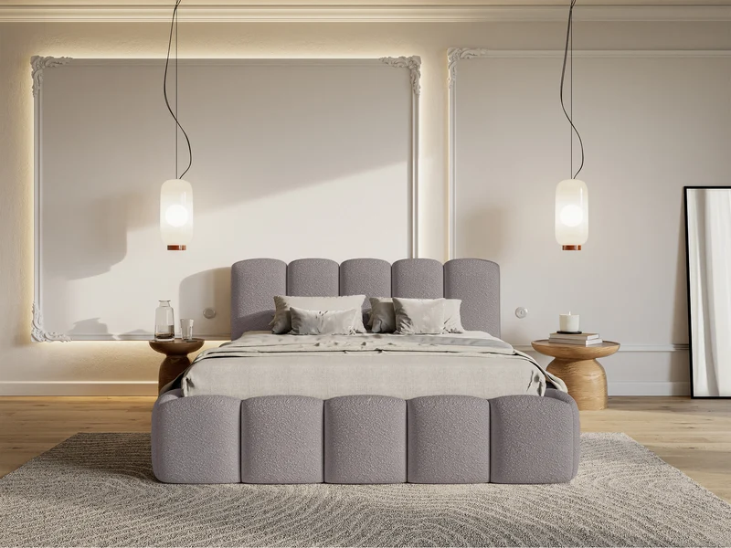 Gepolstertes Bett 160x200 cm Cloudy II mit Stauraum, graubraunes Bouclé, Metallrahmen