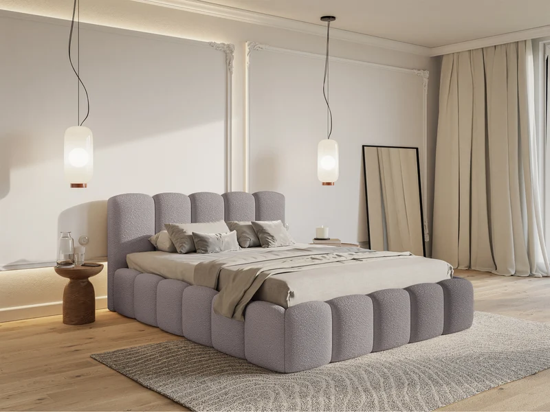 Gepolstertes Bett 160x200 cm Cloudy II mit Stauraum, graubraunes Bouclé, Metallrahmen
