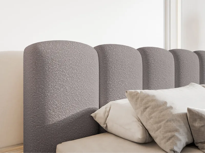 Gepolstertes Bett 160x200 cm Cloudy II mit Stauraum, graubraunes Bouclé, Metallrahmen