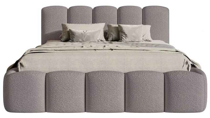 Gepolstertes Bett 160x200 cm Cloudy II mit Stauraum, graubraunes Bouclé, Metallrahmen