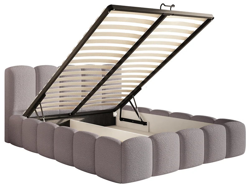 Gepolstertes Bett 160x200 cm Cloudy II mit Stauraum, graubraunes Bouclé, Metallrahmen