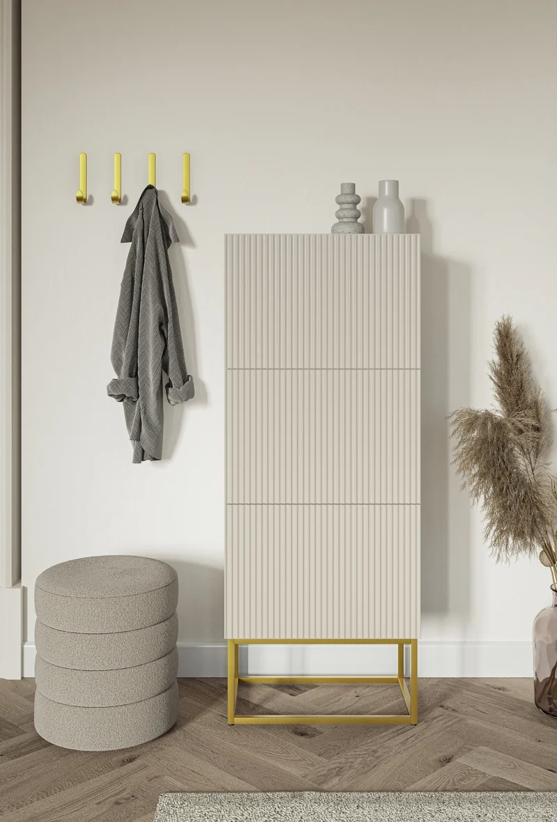 Schuhschrank Veldio mit gefräster Front und drei Fächern, 50 cm, grau-beige mit goldenen Beinen