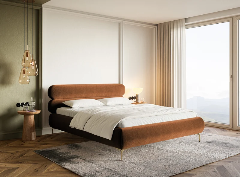 Polsterbett 160x200 cm Roule kupferfarbener Samt, wasserabweisend, goldene Beine