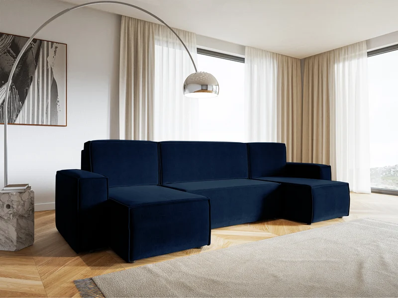 U-förmiges Ecksofa Copertino mit Schlaffunktion, Stauraum, universell einsetzbar, marineblauer, hydrophober Samtstoff