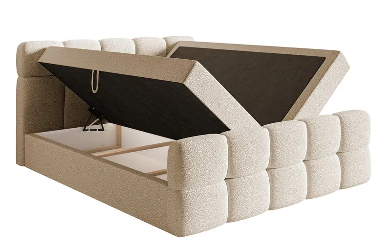Kontinentalbett 160x200 cm Cloudy mit Stauraum und Topper, hellbeiges Bouclé