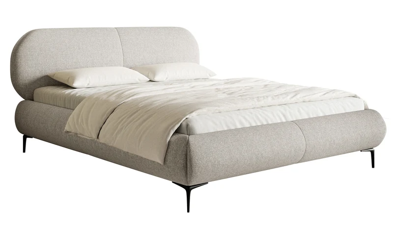 Gepolstertes Bett 140x200 cm Ovalle in grau-beige, wasserabweisendes Geflecht, schwarze Beine