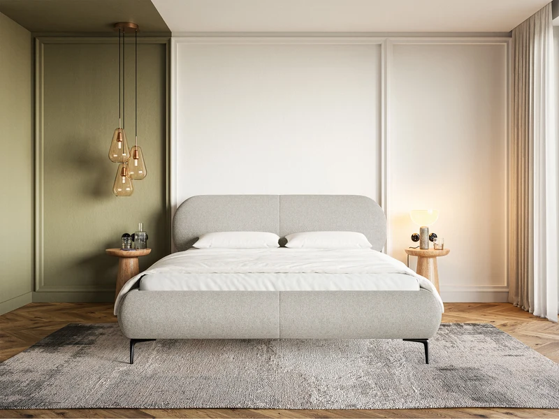 Gepolstertes Bett 140x200 cm Ovalle in grau-beige, wasserabweisendes Geflecht, schwarze Beine