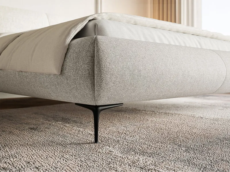 Gepolstertes Bett 140x200 cm Ovalle in grau-beige, wasserabweisendes Geflecht, schwarze Beine