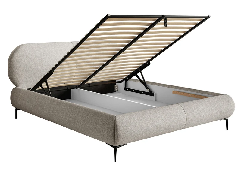 Polsterbett 180x200 cm Ovalle mit Stauraum, Metallrahmen, grau-beige hydrofobe Flechtung, schwarze Beine