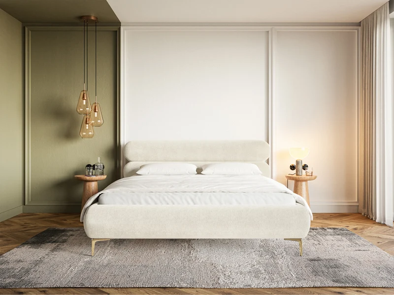 Polsterbett 140x200 cm Roule, cremefarbener Velours, wasserabweisend, goldene Beine
