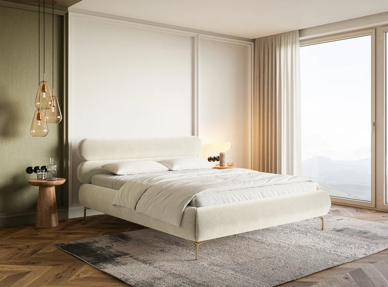 Polsterbett 140x200 cm Roule, cremefarbener Velours, wasserabweisend, goldene Beine