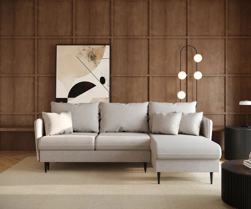 Ecksofa mit Schlafunktion Volio, L-förmig, hellbeige Chenille, schwarze Beine