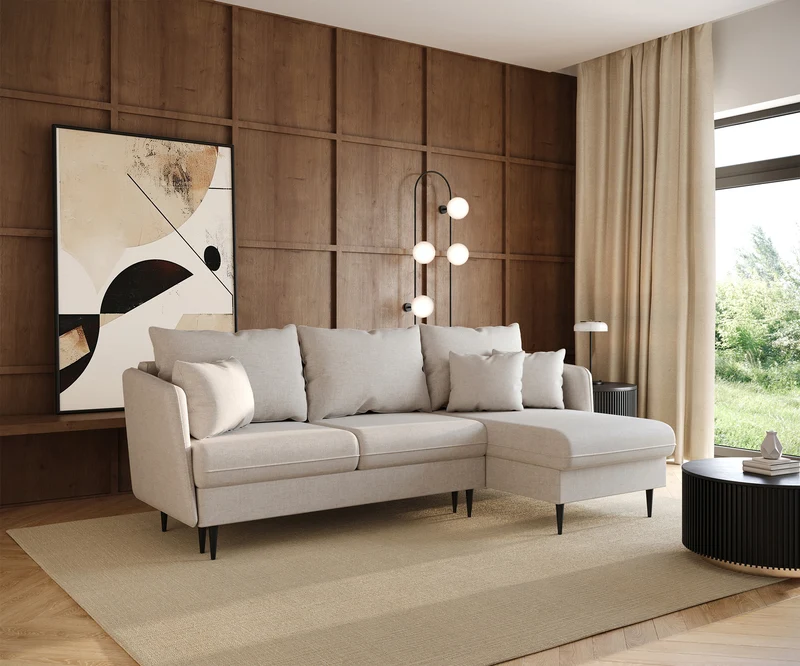 Ecksofa mit Schlafunktion Volio, L-förmig, hellbeige Chenille, schwarze Beine