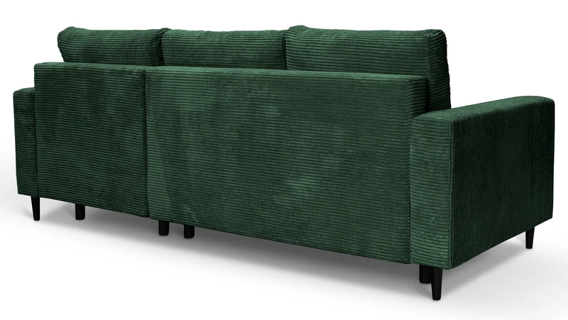Ecksofa mit Schlafunktion Nalika, L-förmig, mit Stauraum, dunkelgrüner Cord, rechtsseitig