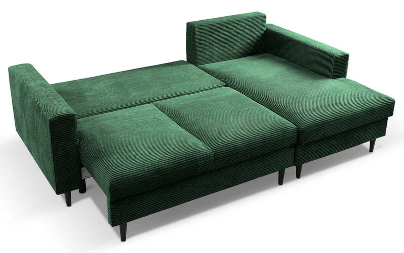 Ecksofa mit Schlafunktion Nalika, L-förmig, mit Stauraum, dunkelgrüner Cord, rechtsseitig