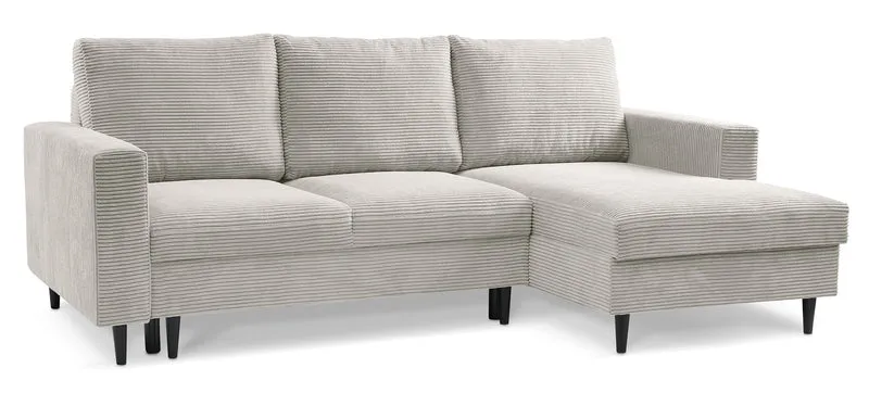 Ecksofa mit Schlaffunktion Nalika, L-förmig, mit Stauraum, hellbeiger Cordstoff, rechtsseitig