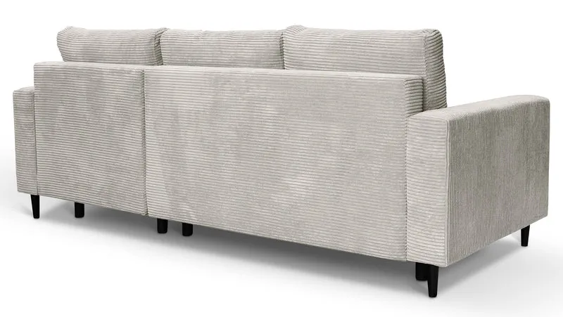 Ecksofa mit Schlaffunktion Nalika, L-förmig, mit Stauraum, hellbeiger Cordstoff, rechtsseitig