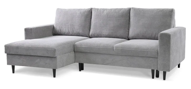Ecksofa mit Schlaffunktion Nalika, L-förmig, mit Stauraum, hellgrauer Cordstoff, linksseitig
