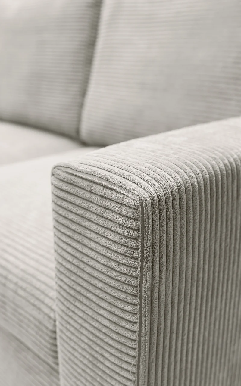 Ecksofa mit Schlaffunktion Nalika, L-förmig, mit Stauraum, hellbeiger Cord, linksseitig