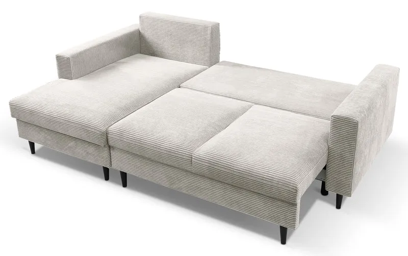 Ecksofa mit Schlaffunktion Nalika, L-förmig, mit Stauraum, hellbeiger Cord, linksseitig