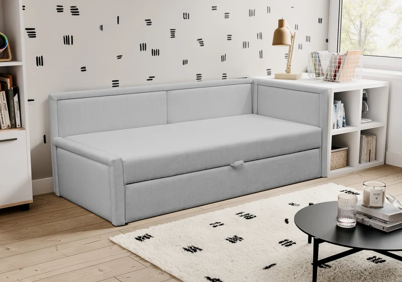 Ausziehbares Doppelbett Caprili in Hellgrau, Flechtmuster, universell einsetzbar