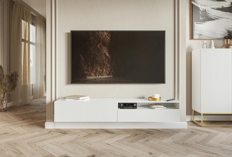 Hängender TV-Schrank Veldio mit gefräster Front und Nische, 175 cm, Weiß